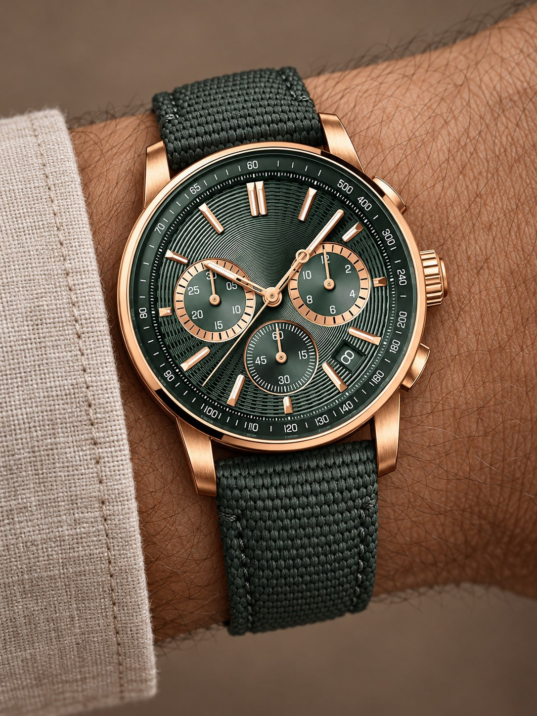 Emerald Green Chronograph-Style Watch – Rose Gold Tone & Green Strap