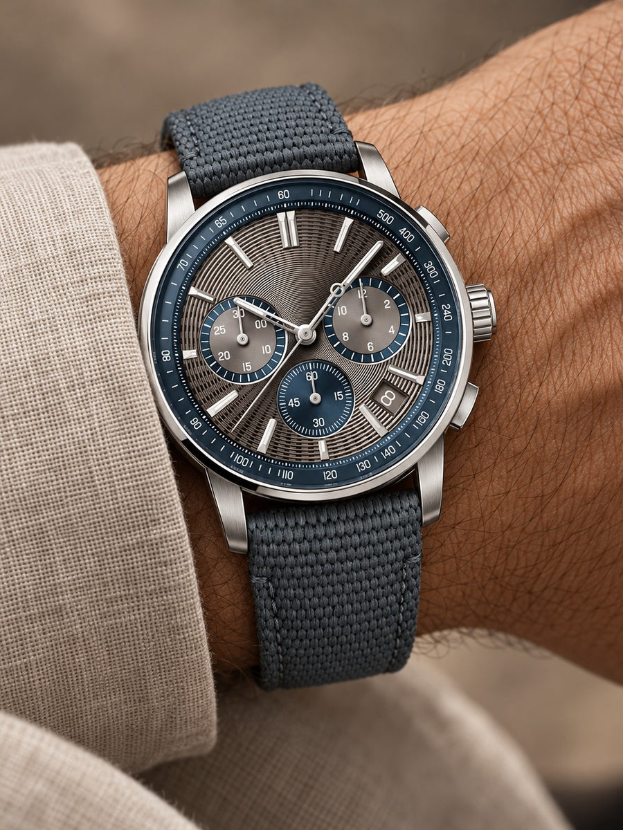 Slate Grey Chronograph-Style Watch – Blue Accents & Grey Strap