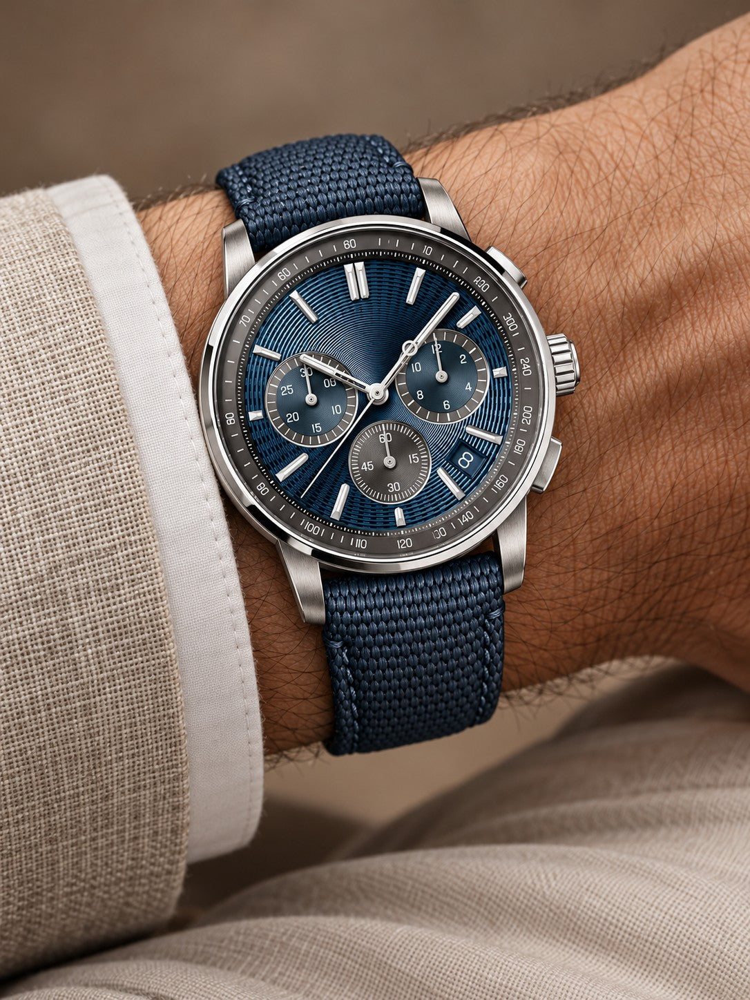 Deep Blue Chronograph-Style Watch – Silver Case & Blue Strap