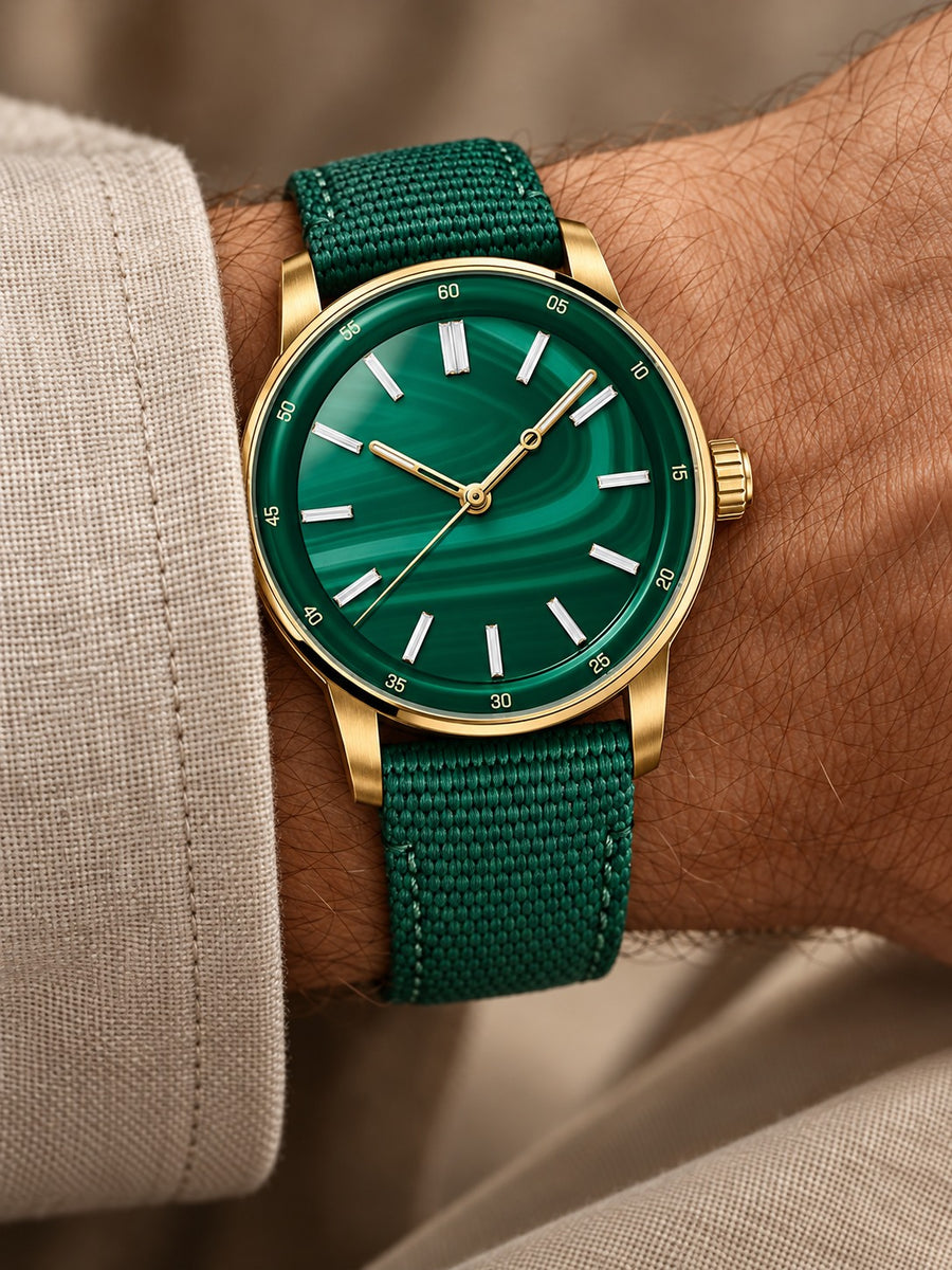 Emerald Stone-Inspired Dress Watch – Gold Tone & Green Strap
