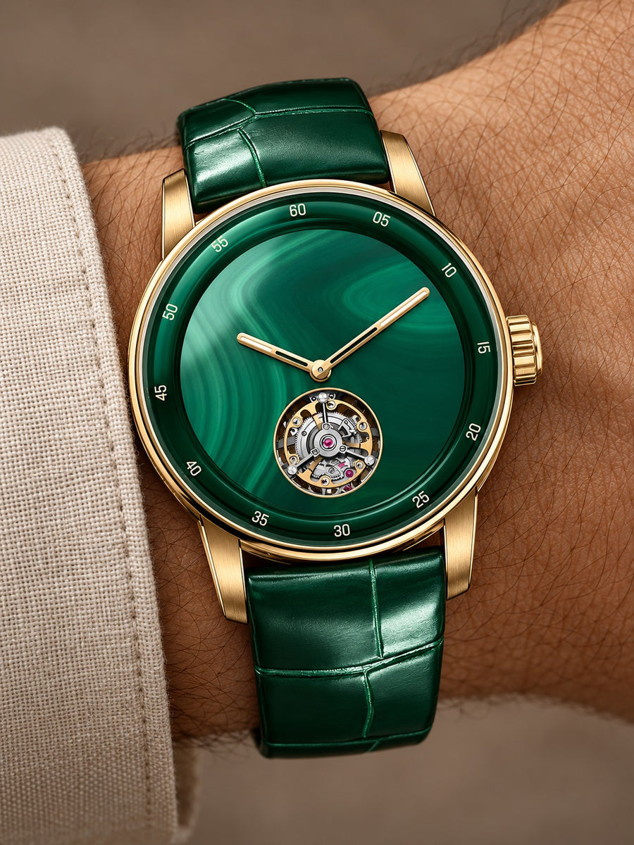 Emerald Green Open-Heart Watch – Gold Tone & Green Leather-Style Strap