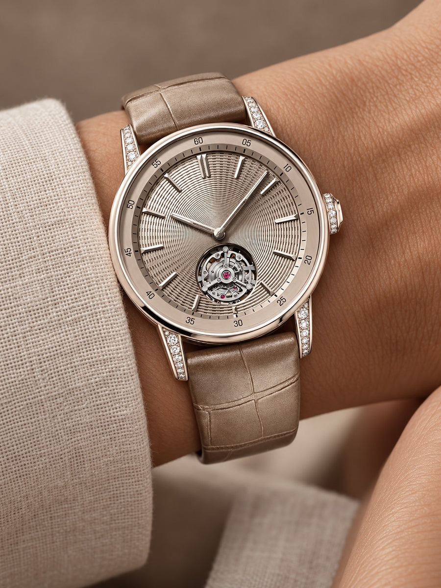 Champagne Open-Heart Watch – Rose Gold Tone & Beige Strap