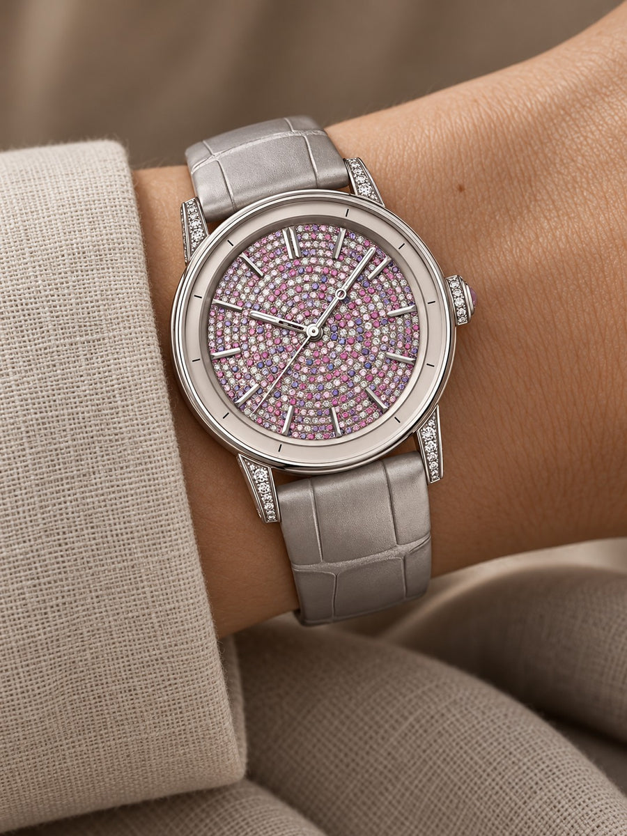 Crystal Pink Pavé Dress Watch – Silver Tone & Grey Strap