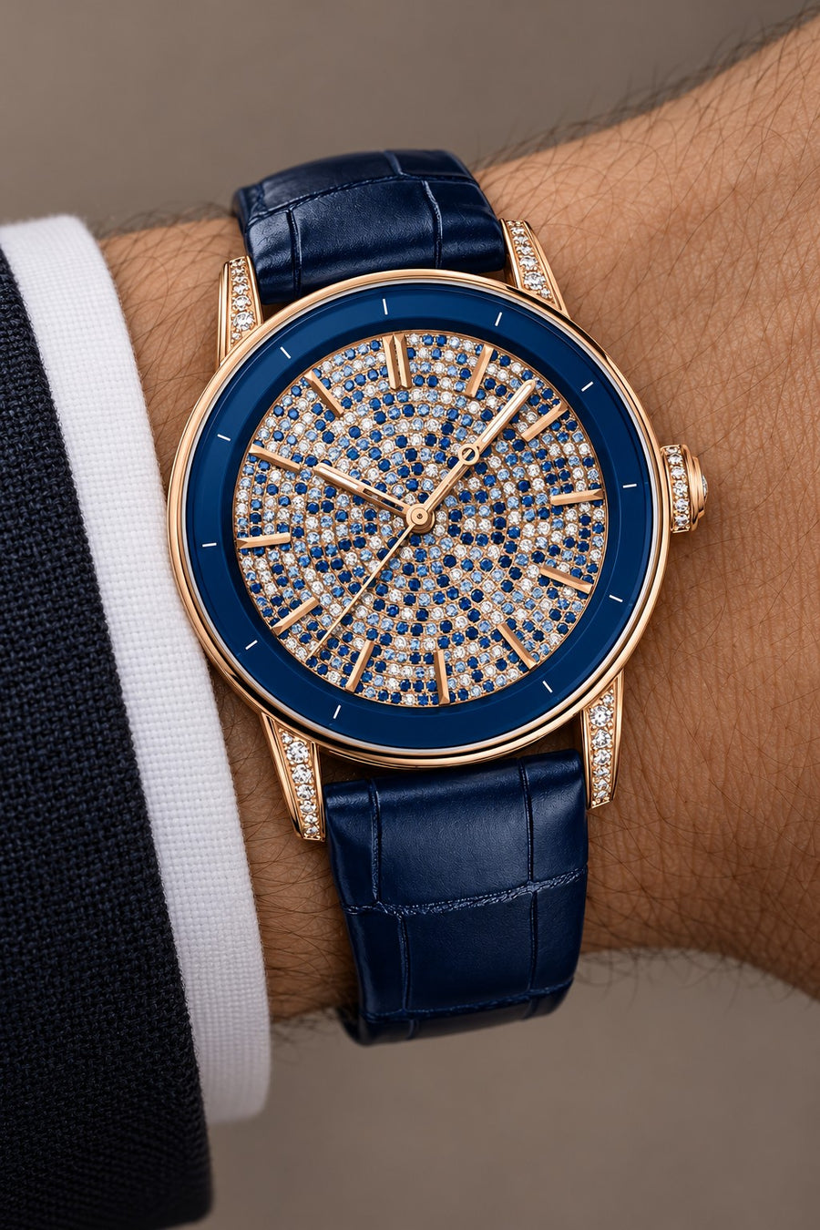 Blue Pavé Dress Watch – Rose Gold Tone & Navy Strap