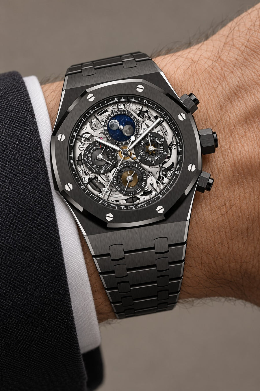 Black Skeleton Multi-Display Watch – Integrated Bracelet