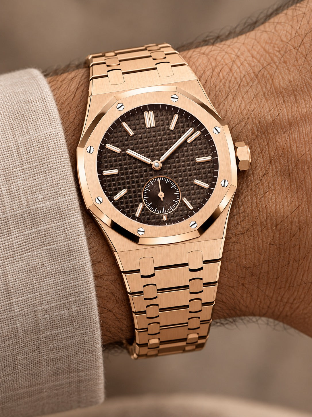 Rose Gold-Tone Textured Sport Watch – Integrated Bracelet