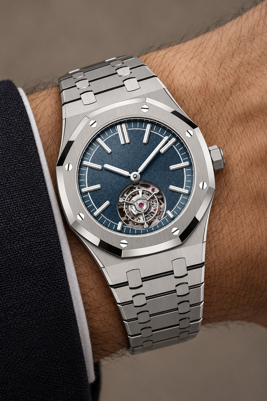 Smoked Blue Open-Heart Watch – Silver-Tone Integrated Bracelet
