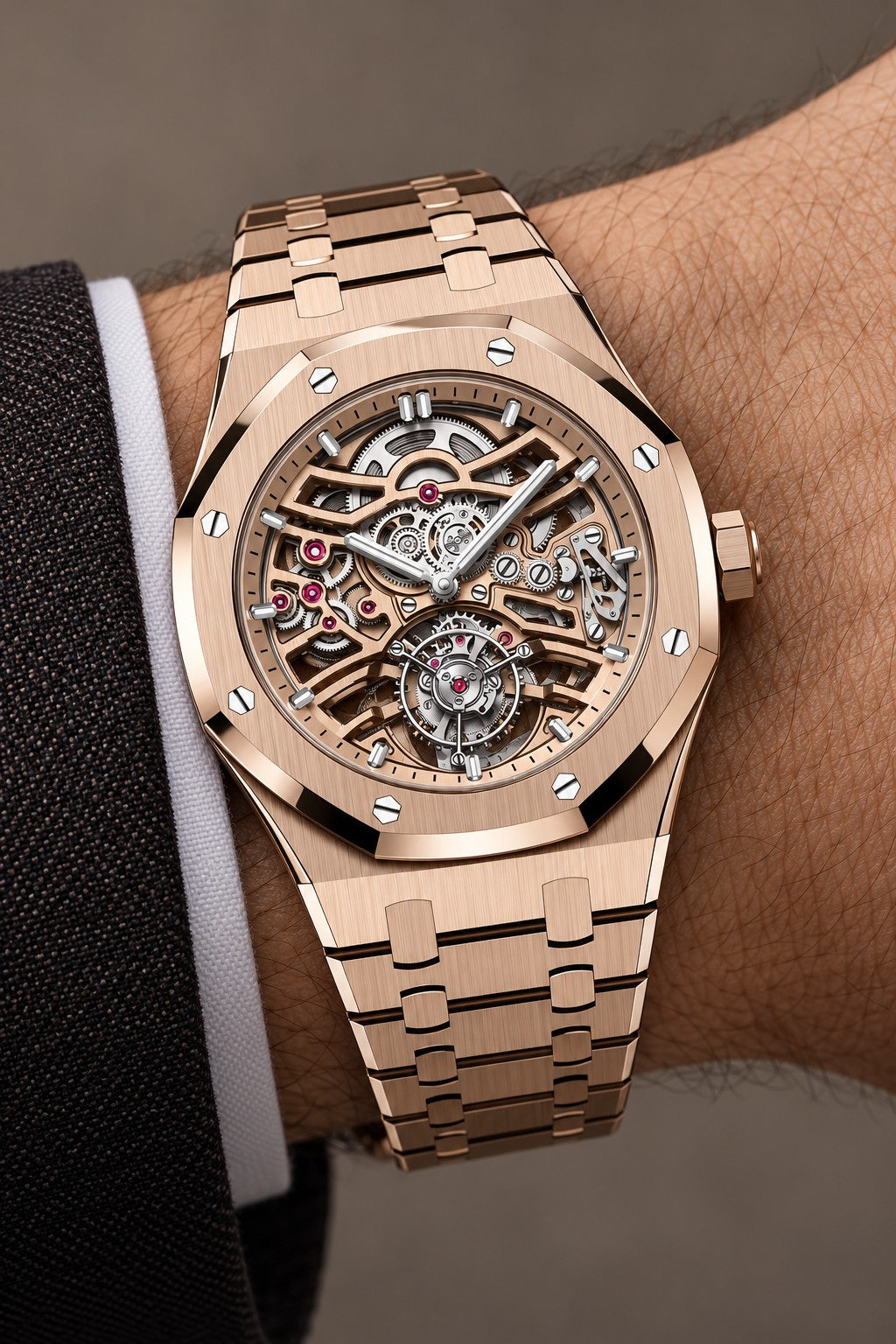 Rose Gold-Tone Skeleton Open-Heart Watch – Integrated Bracelet