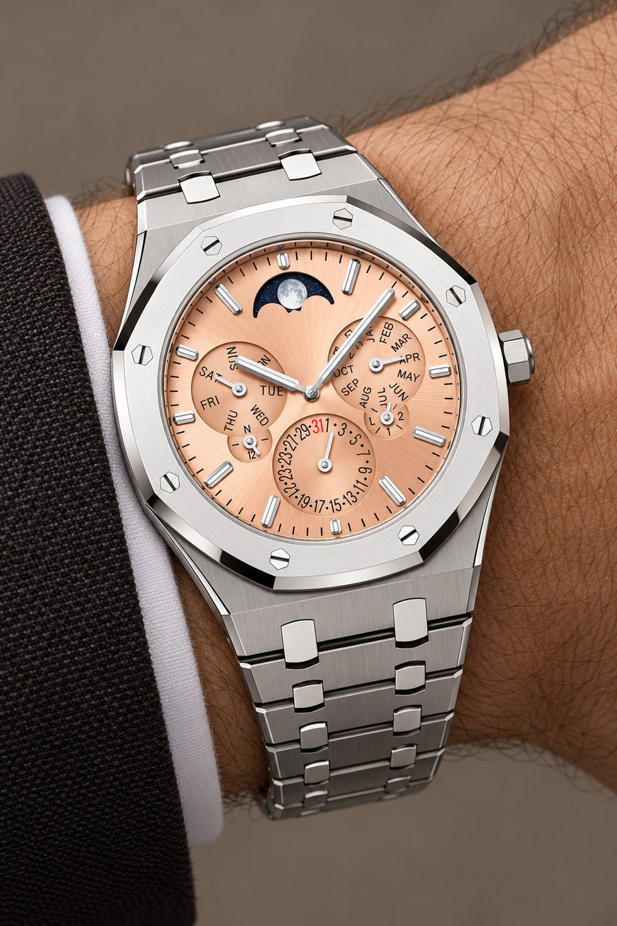 Salmon Multi-Display Watch – Silver-Tone Integrated Bracelet