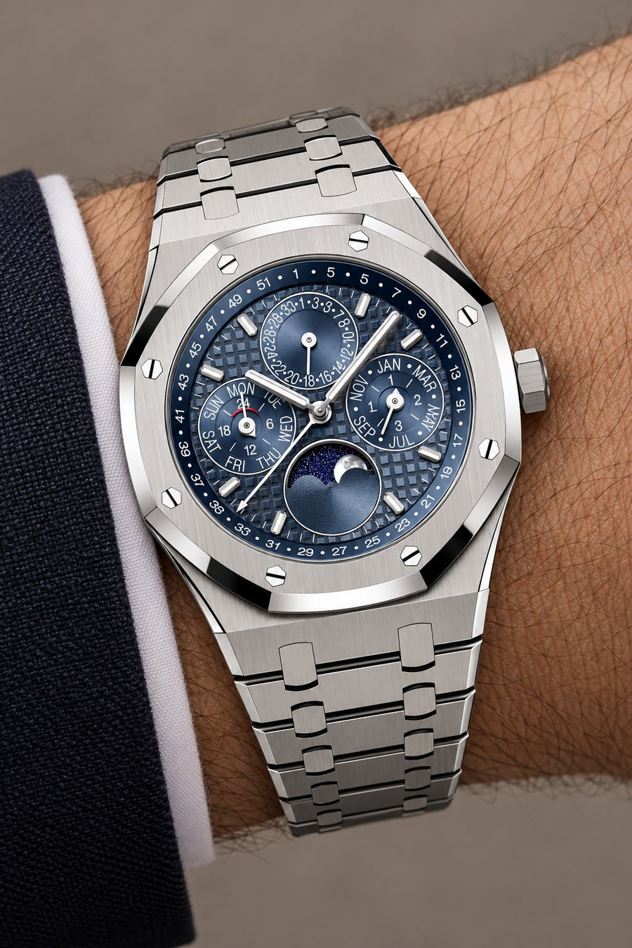 Blue Multi-Display Watch – Silver-Tone Integrated Bracelet