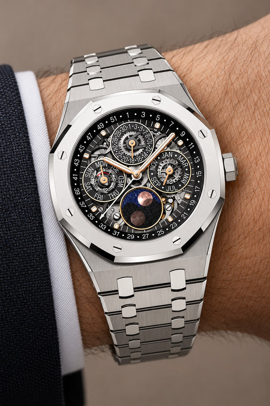Blue Multi-Display Watch – Silver-Tone Integrated Bracelet