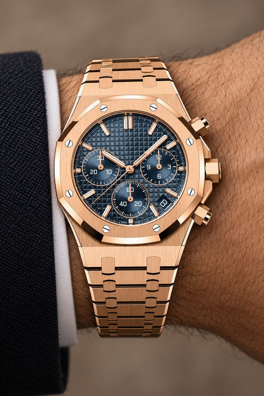 Rose Gold-Tone Blue Multi-Display Sport Watch – Integrated Bracelet