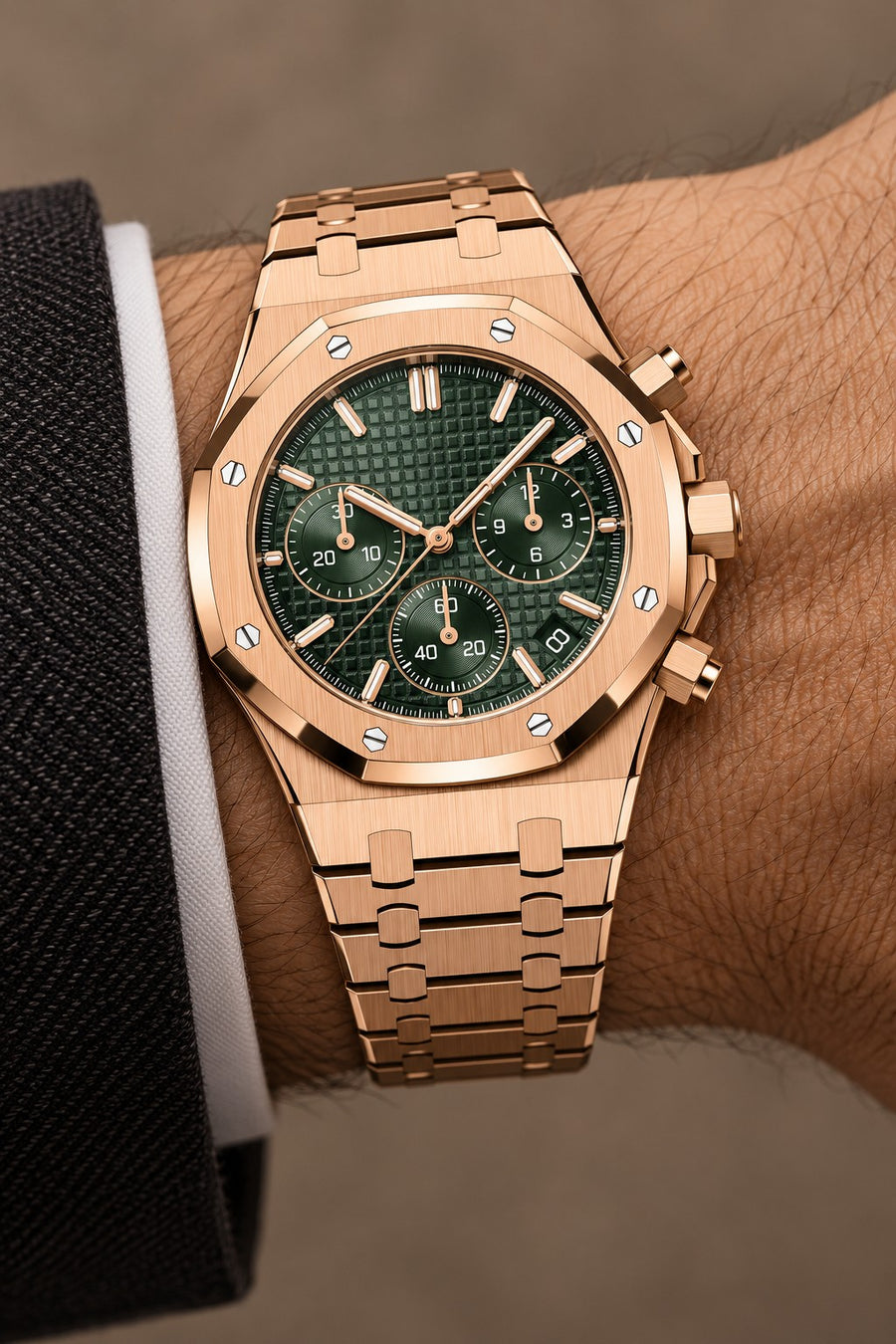 Rose Gold-Tone Green Multi-Display Sport Watch – Integrated Bracelet