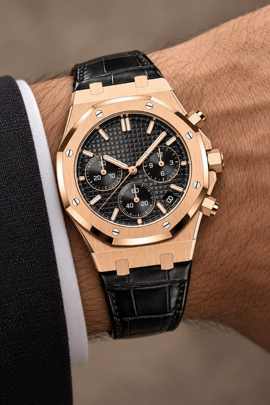Rose Gold-Tone Black Multi-Display Watch – Black Strap