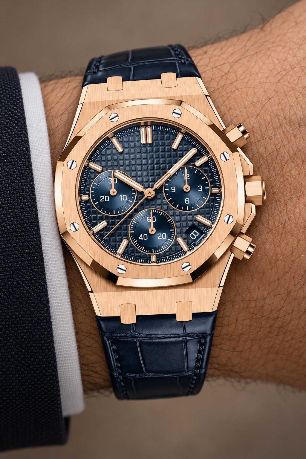 Rose Gold-Tone Blue Multi-Display Watch – Navy Strap