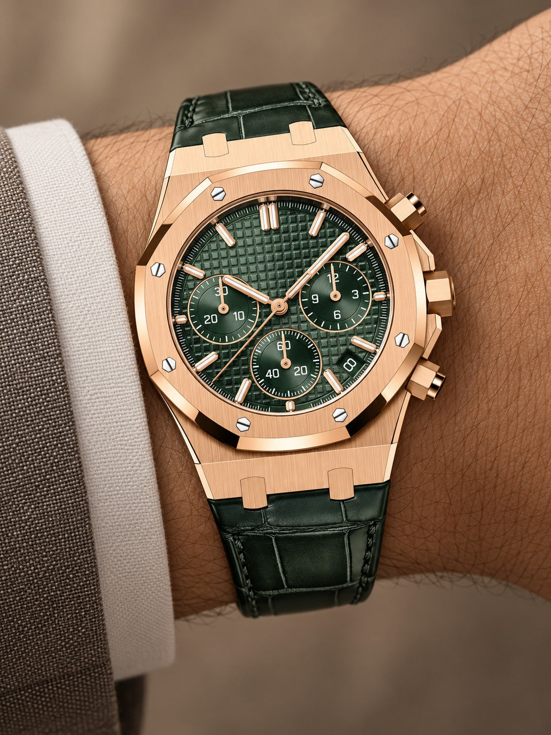 Rose Gold-Tone Green Multi-Display Watch – Green Strap