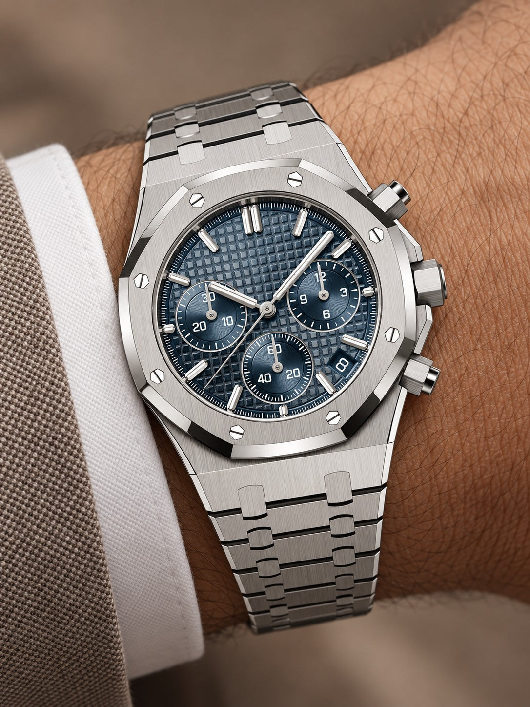 Ice Blue Multi-Display Sport Watch – Silver-Tone Integrated Bracelet