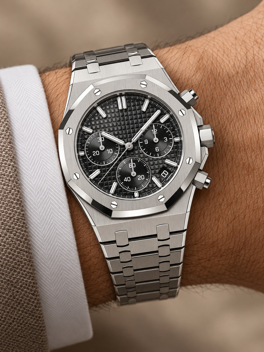 Black Multi-Display Sport Watch – Silver-Tone Integrated Bracelet