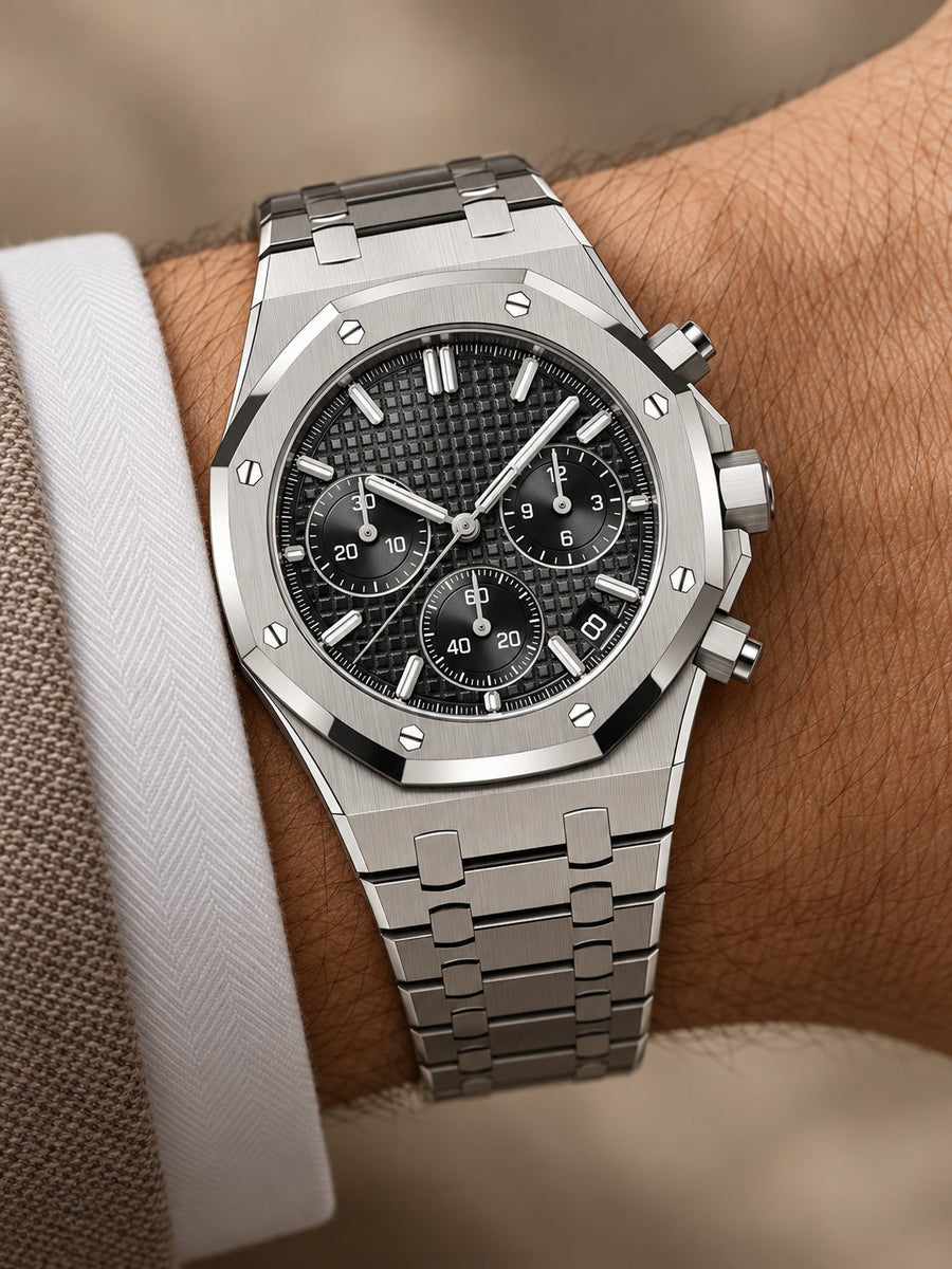 Black Multi-Display Sport Watch – Silver-Tone Integrated Bracelet