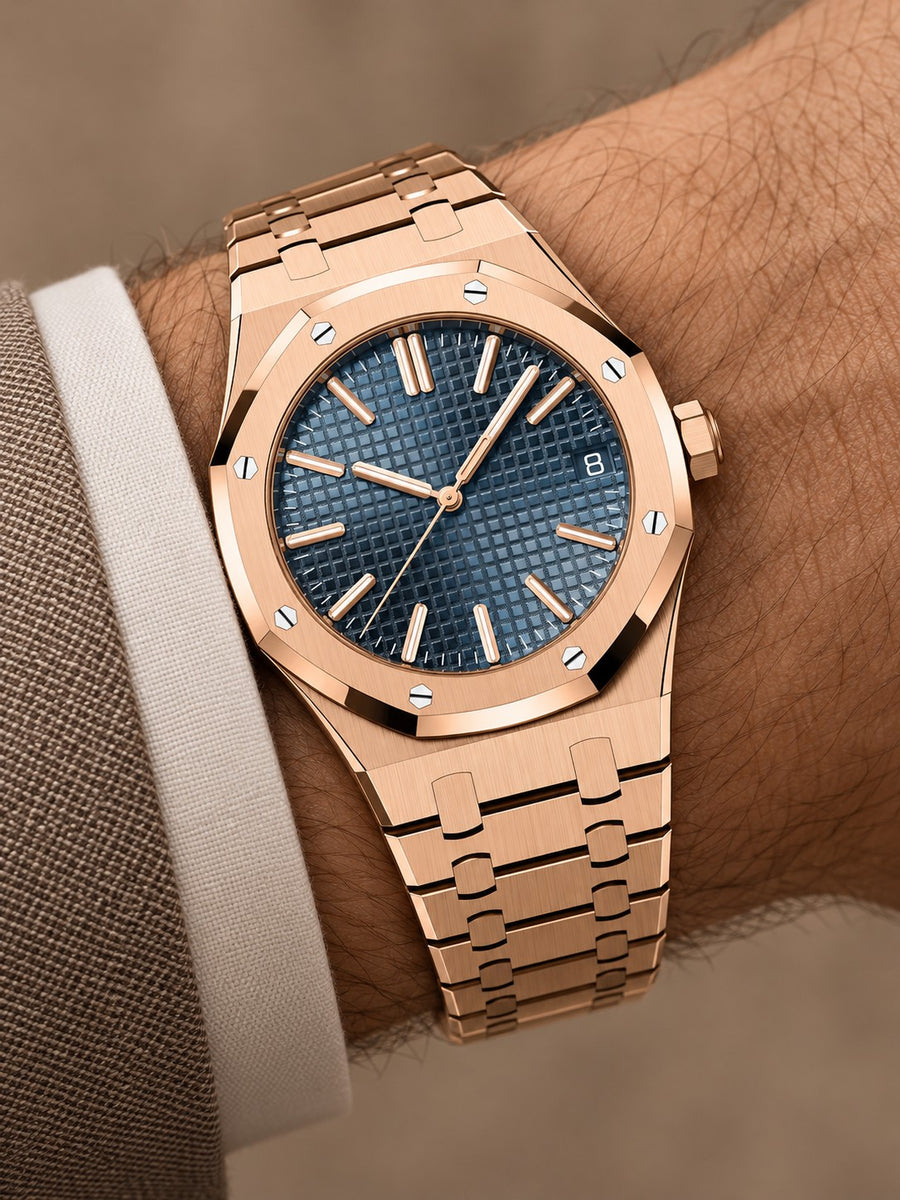 Rose Gold-Tone Blue Textured Watch – Integrated Bracelet