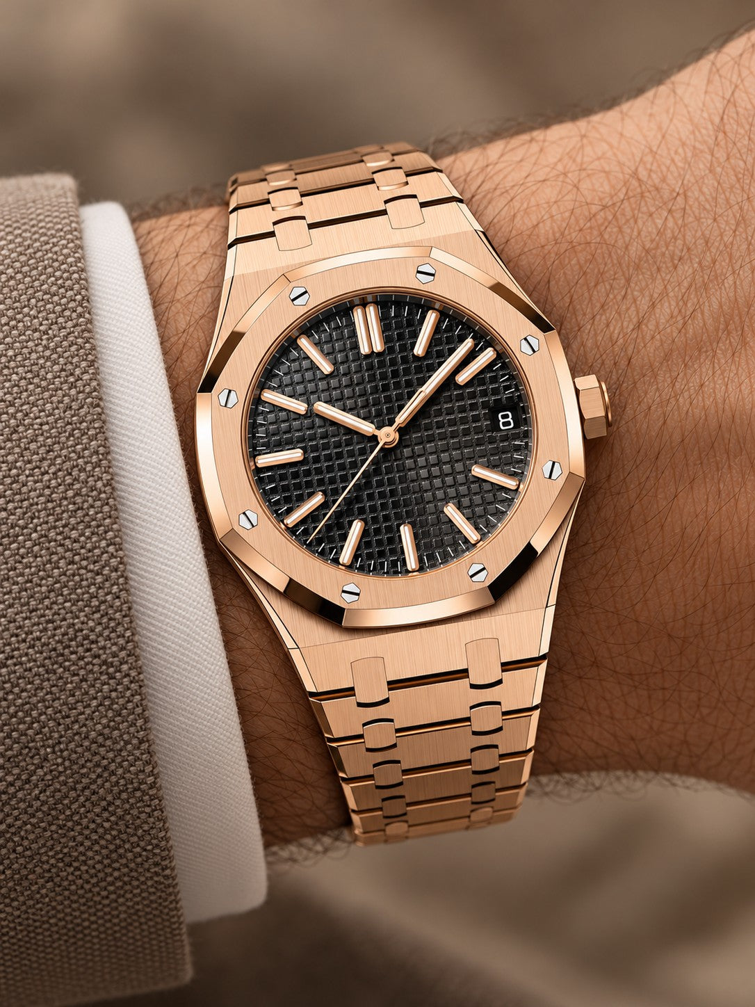 Rose Gold-Tone Black Textured Watch – Integrated Bracelet