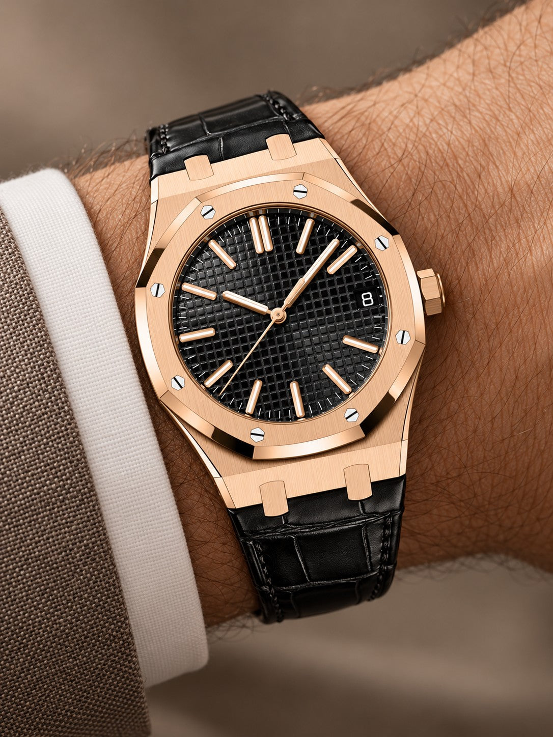 Rose Gold-Tone Black Textured Dress Watch – Black Strap