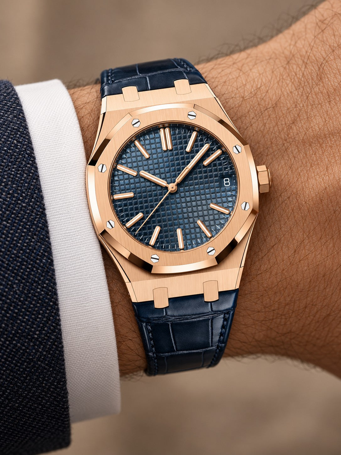 Rose Gold-Tone Blue Textured Dress Watch – Navy Strap