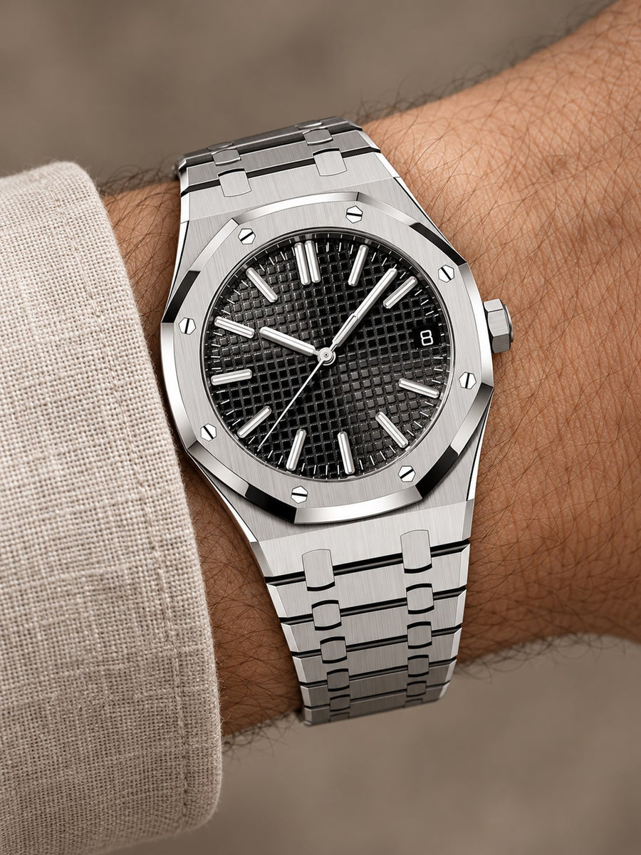 Silver-Tone Black Textured Watch – Integrated Bracelet