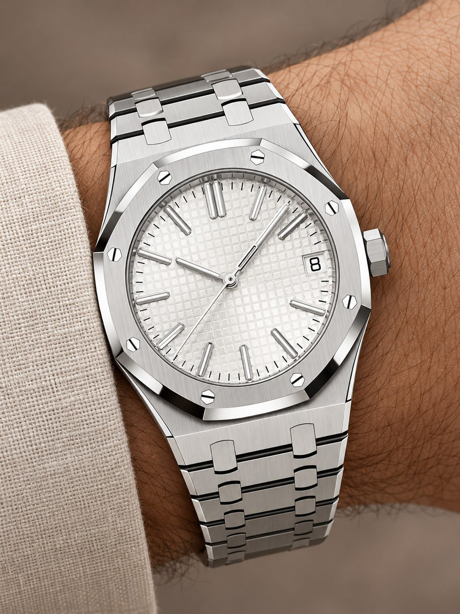 Silver-Tone White Textured Watch – Integrated Bracelet