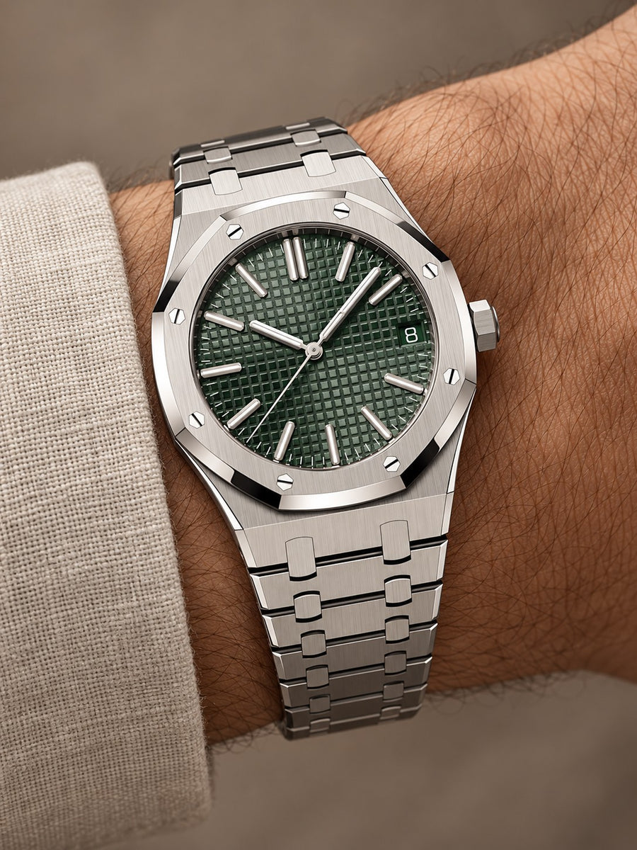 Silver-Tone Green Textured Watch – Integrated Bracelet