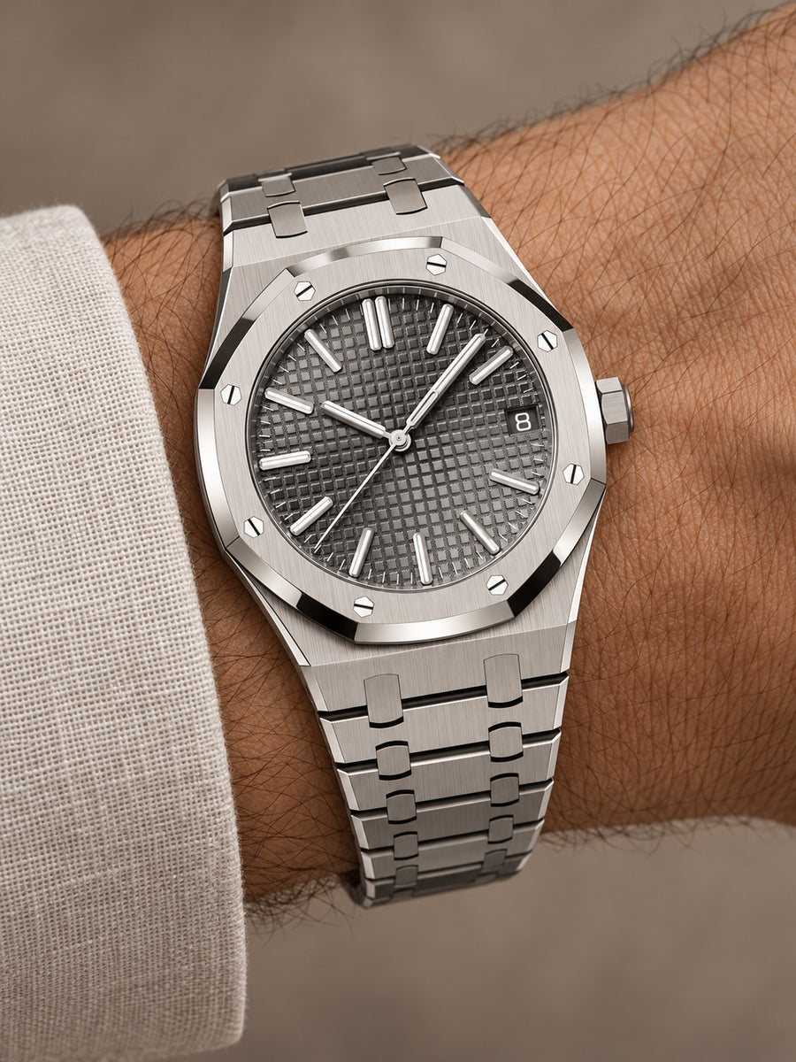 Silver-Tone Grey Textured Watch – Integrated Bracelet