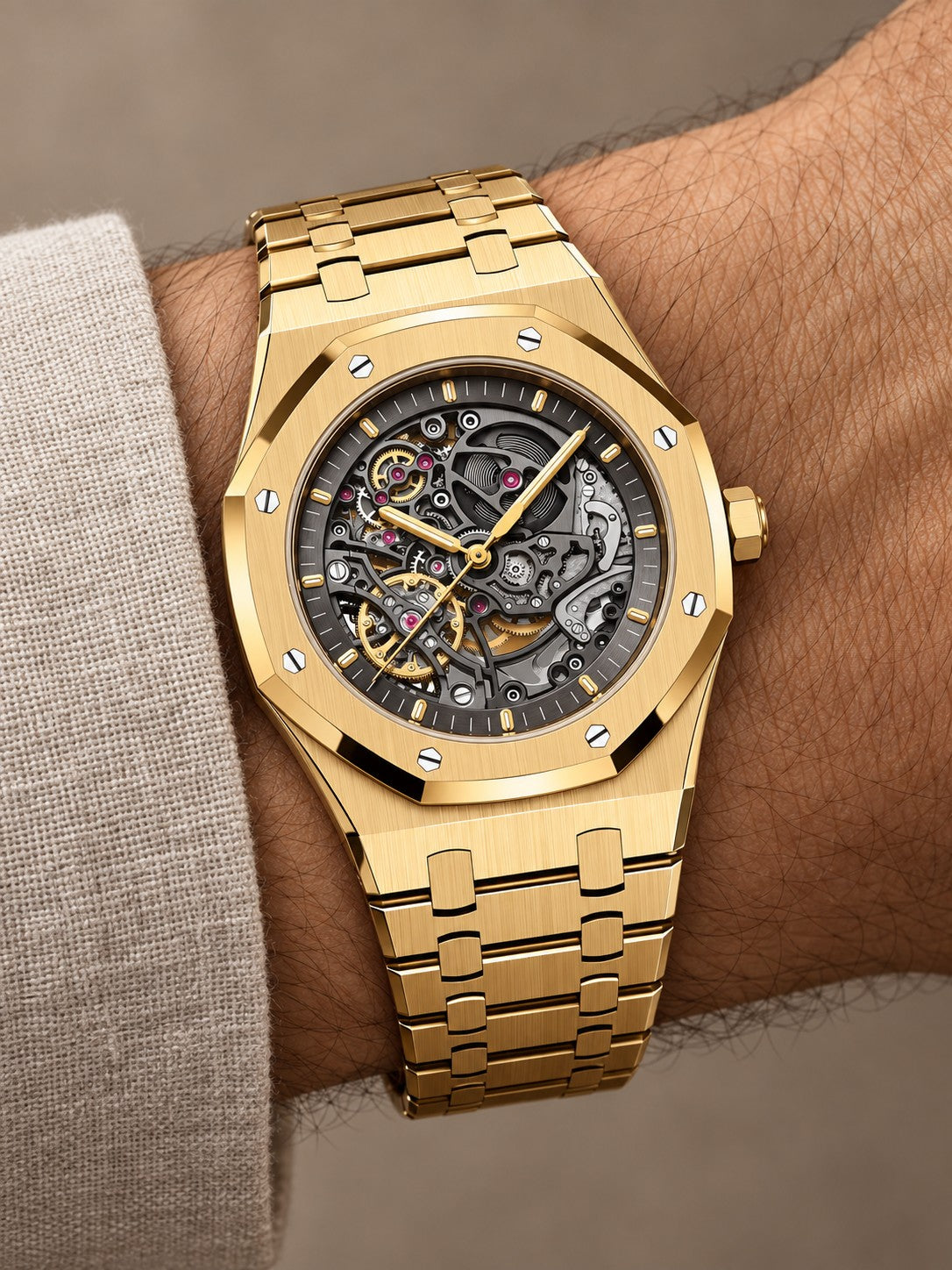 Gold-Tone Skeleton Open-Work Watch – Integrated Bracelet