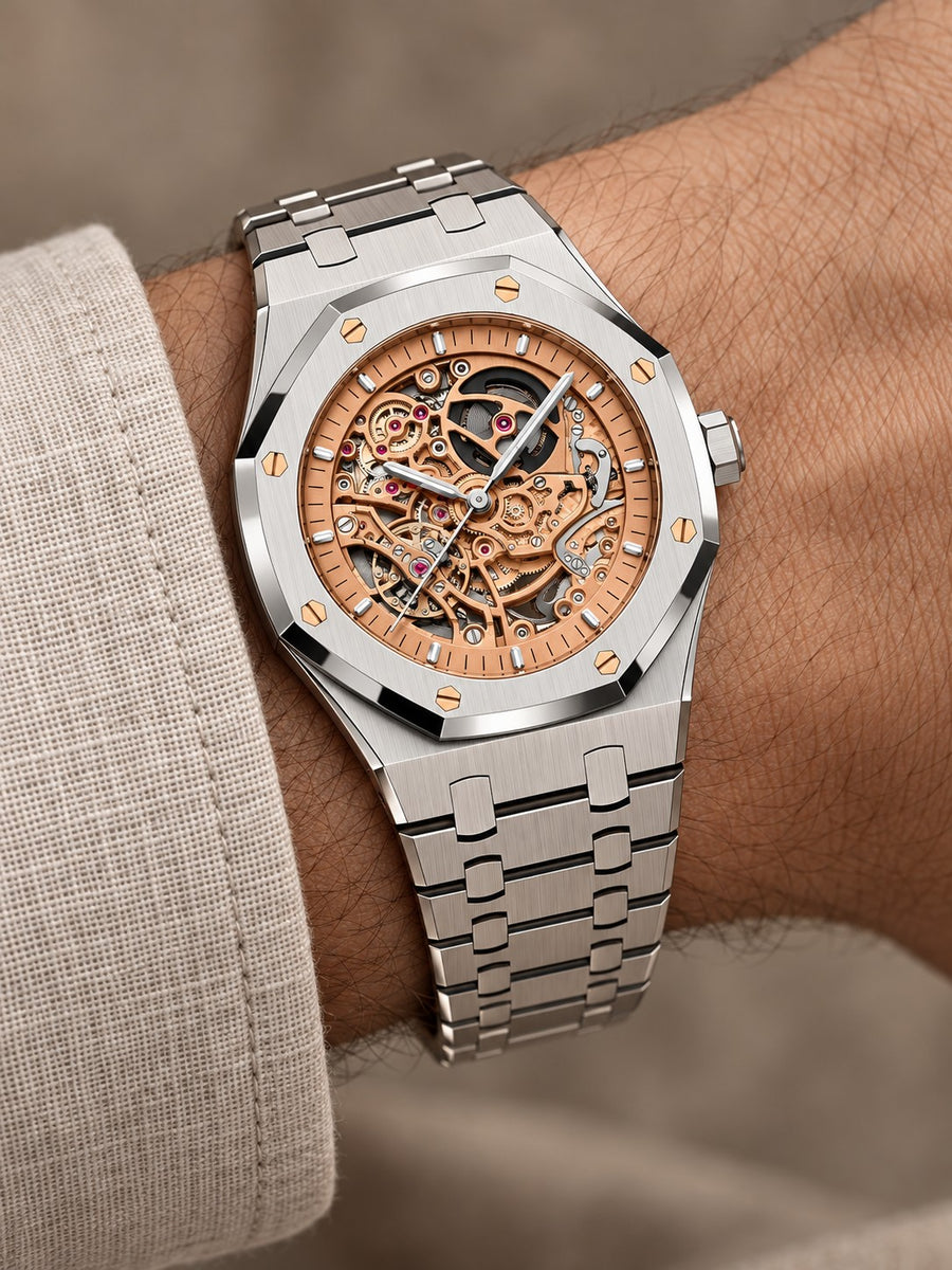 Silver-Tone Rose Gold Open-Work Watch – Integrated Bracelet