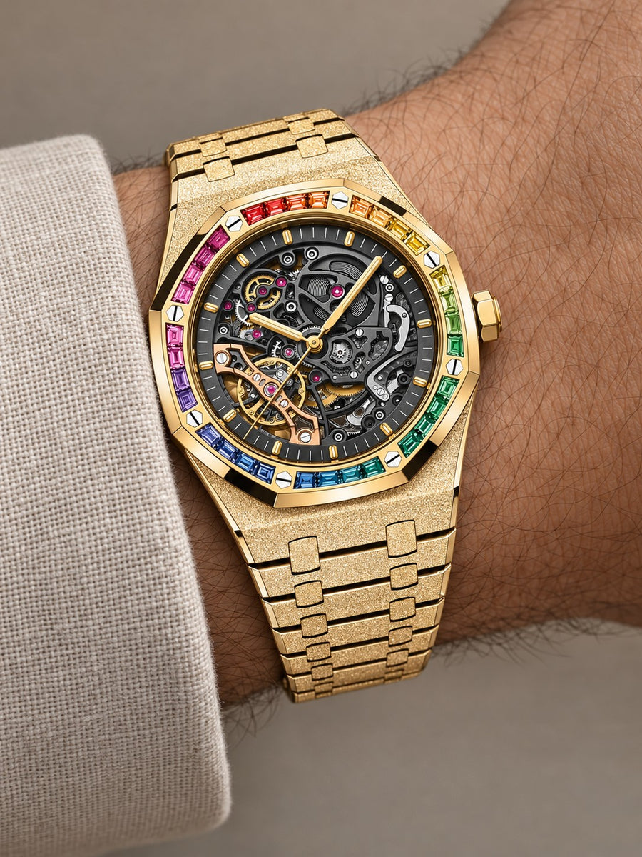 Frosted Gold-Tone Rainbow Open-Work Watch – Integrated Bracelet