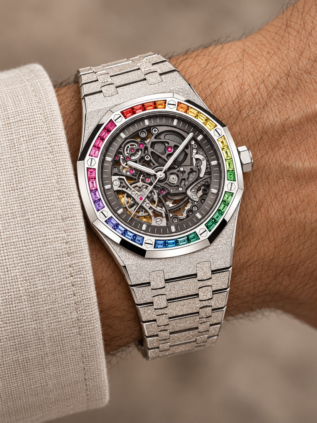 Frosted Silver-Tone Rainbow Open-Work Watch – Integrated Bracelet
