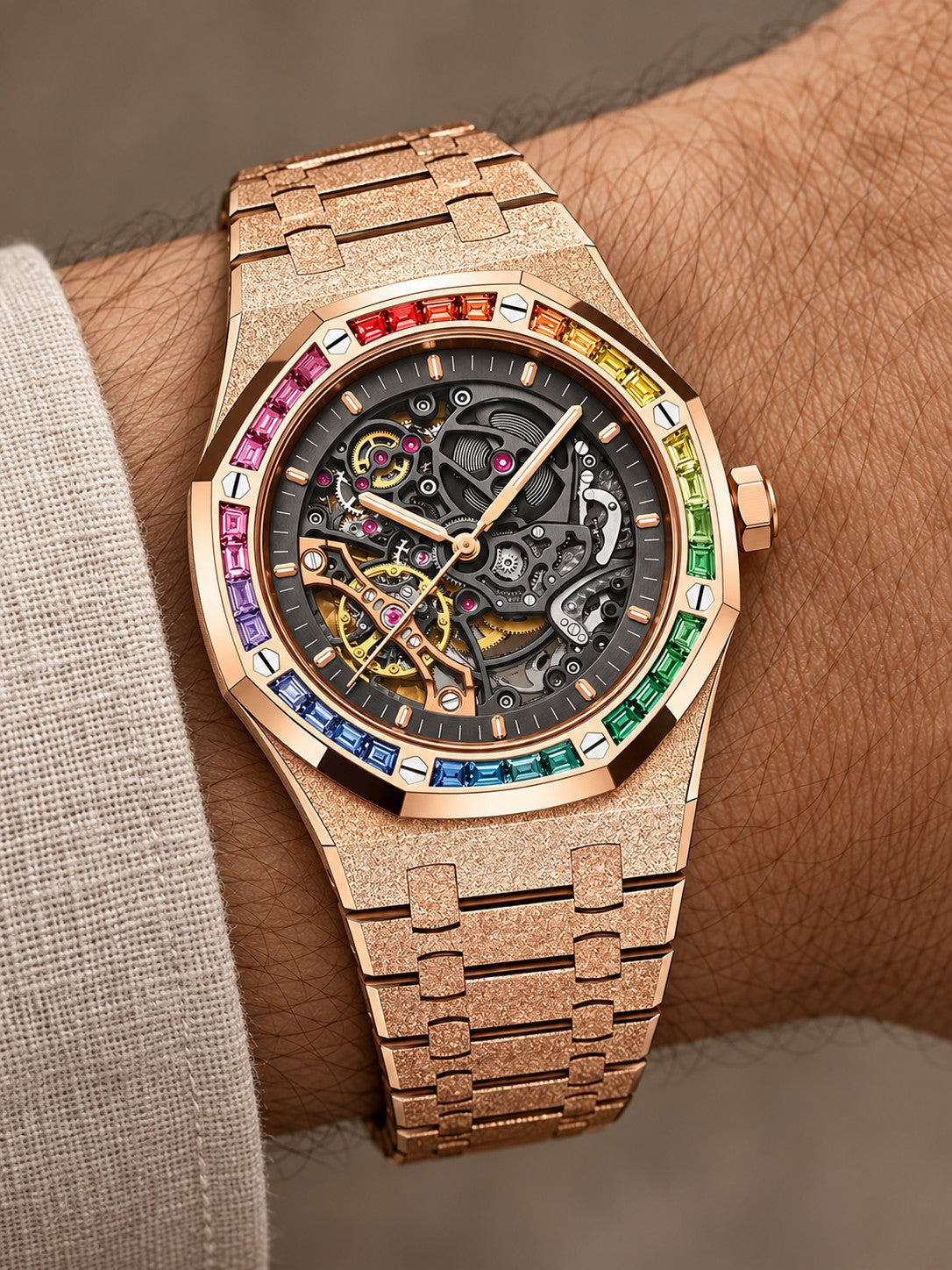 Frosted Rose Gold-Tone Rainbow Open-Work Watch – Integrated Bracelet