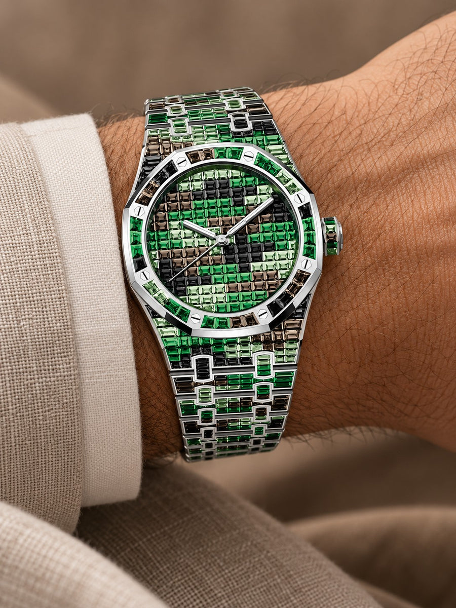 Green Camo Crystal-Set Watch – Silver-Tone Integrated Bracelet