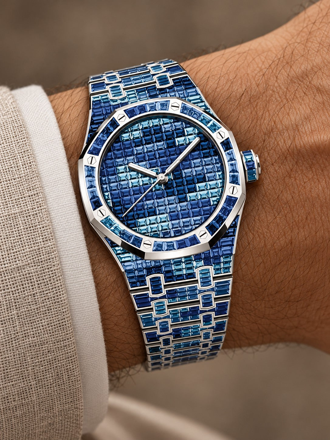 Blue Crystal-Set Camo Watch – Silver-Tone Integrated Bracelet