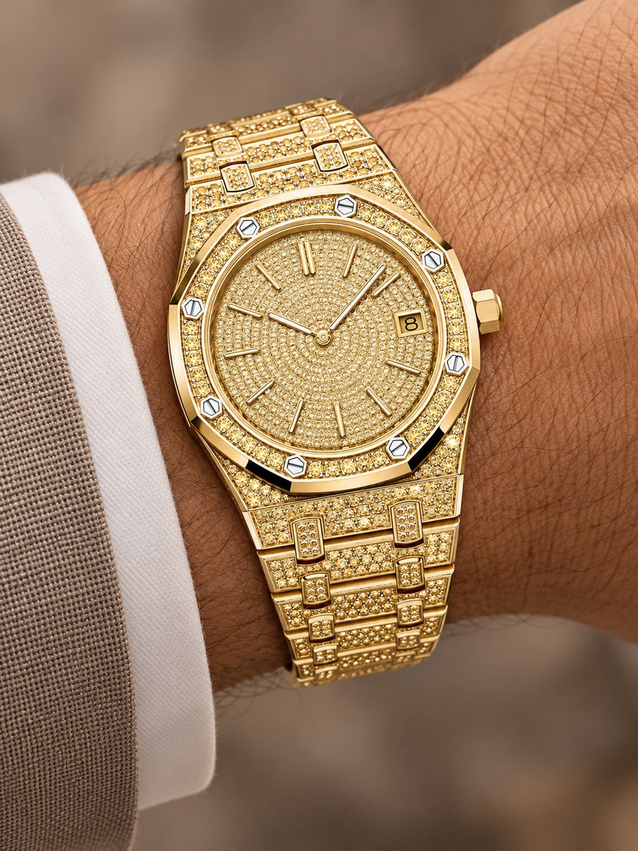 Gold-Tone Full Pavé Crystal-Set Watch – Integrated Bracelet