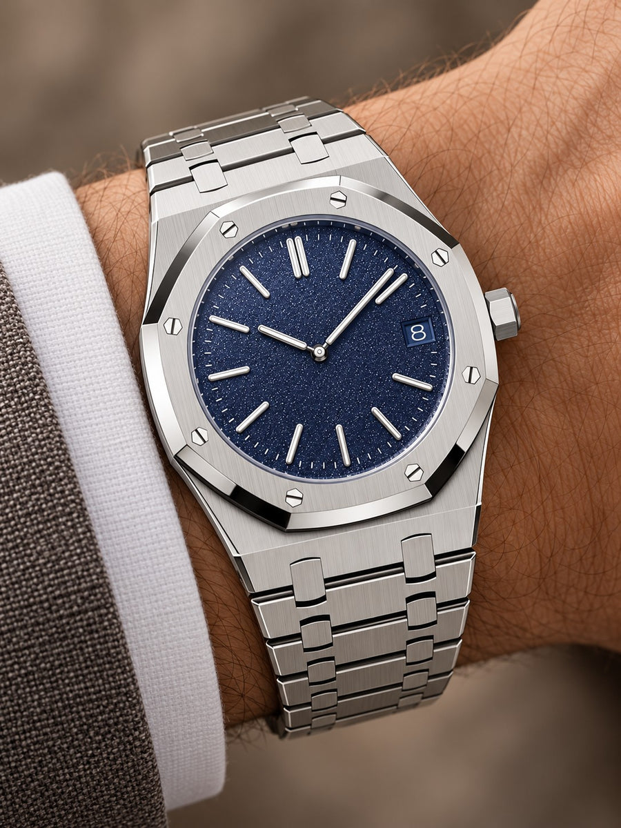 Silver-Tone Grainy Blue Watch – Integrated Bracelet