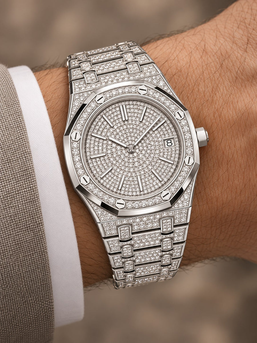Silver-Tone Full Pavé Crystal-Set Watch – Integrated Bracelet