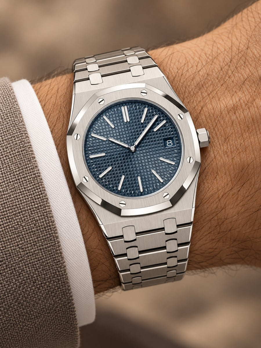 Silver-Tone Blue Textured Watch – Integrated Bracelet