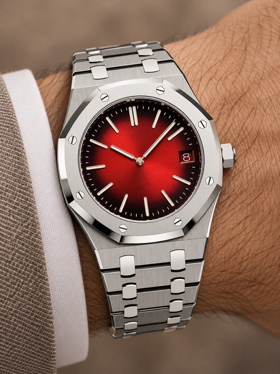 Silver-Tone Burgundy Gradient Watch – Integrated Bracelet
