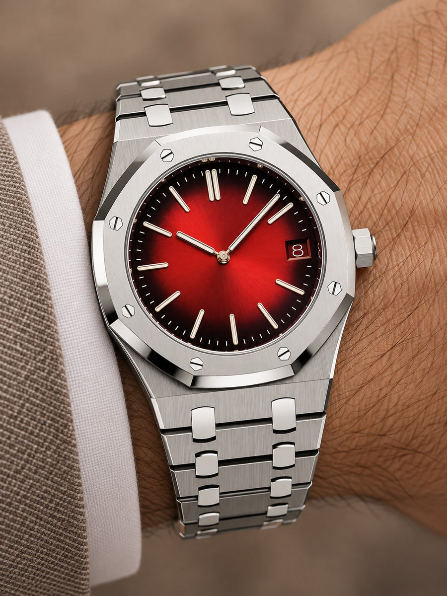 Silver-Tone Burgundy Gradient Watch – Integrated Bracelet