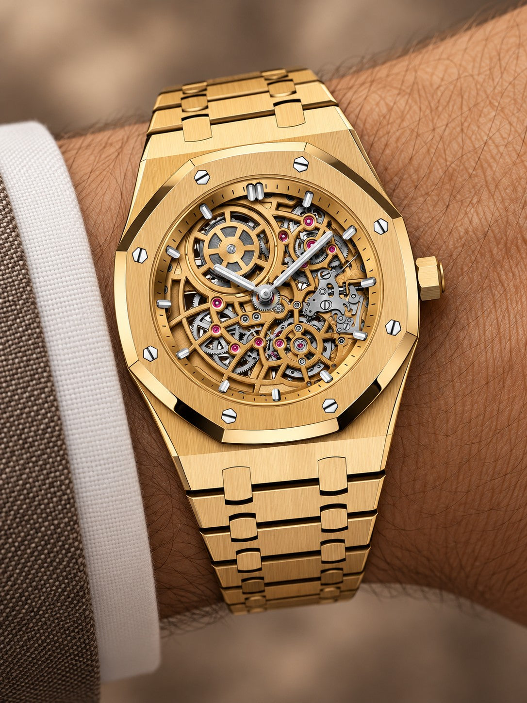 Gold-Tone Skeleton Open-Work Watch – Integrated Bracelet