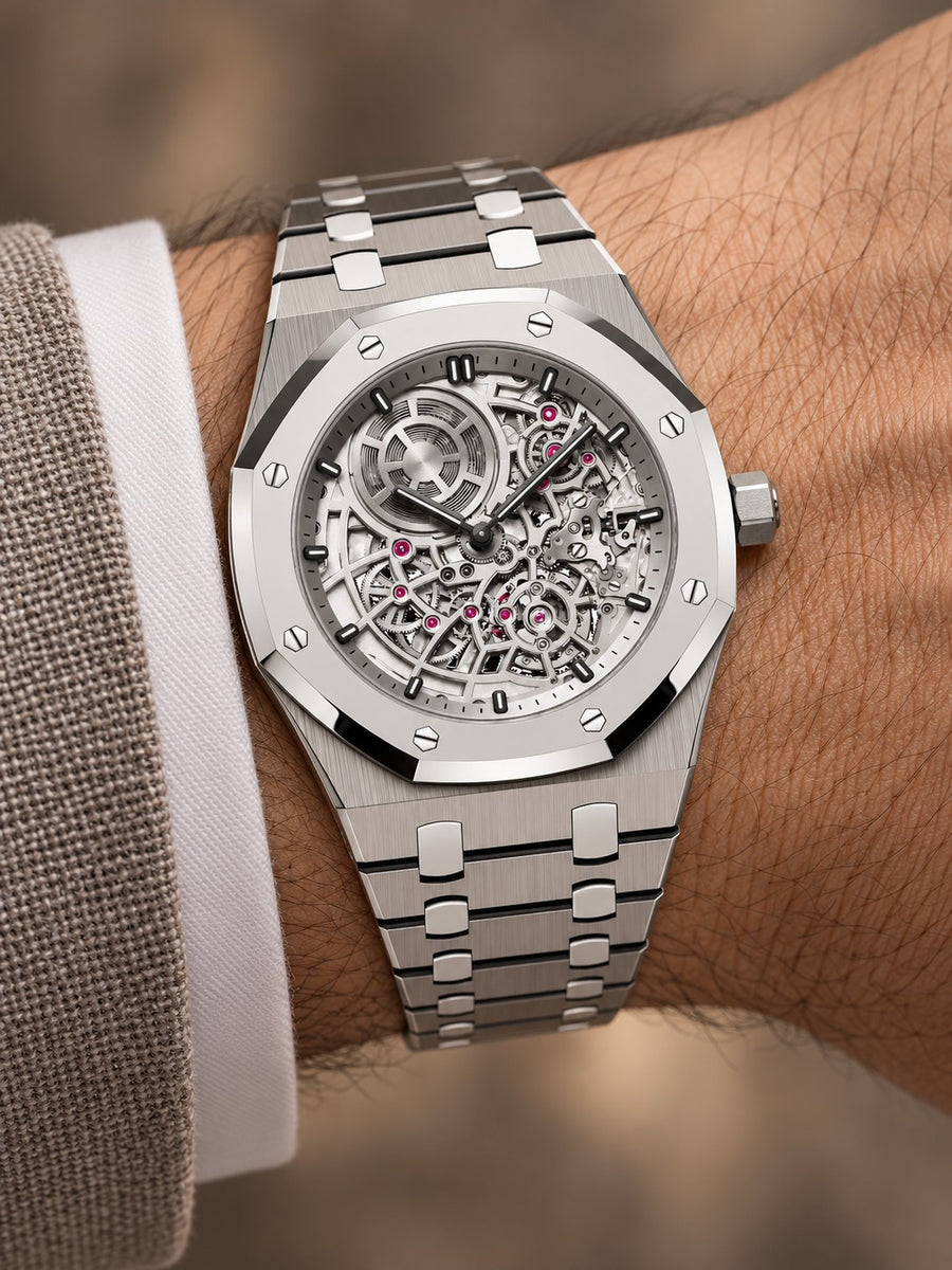 Monochrome Silver-Tone Skeleton Open-Work Watch – Integrated Bracelet