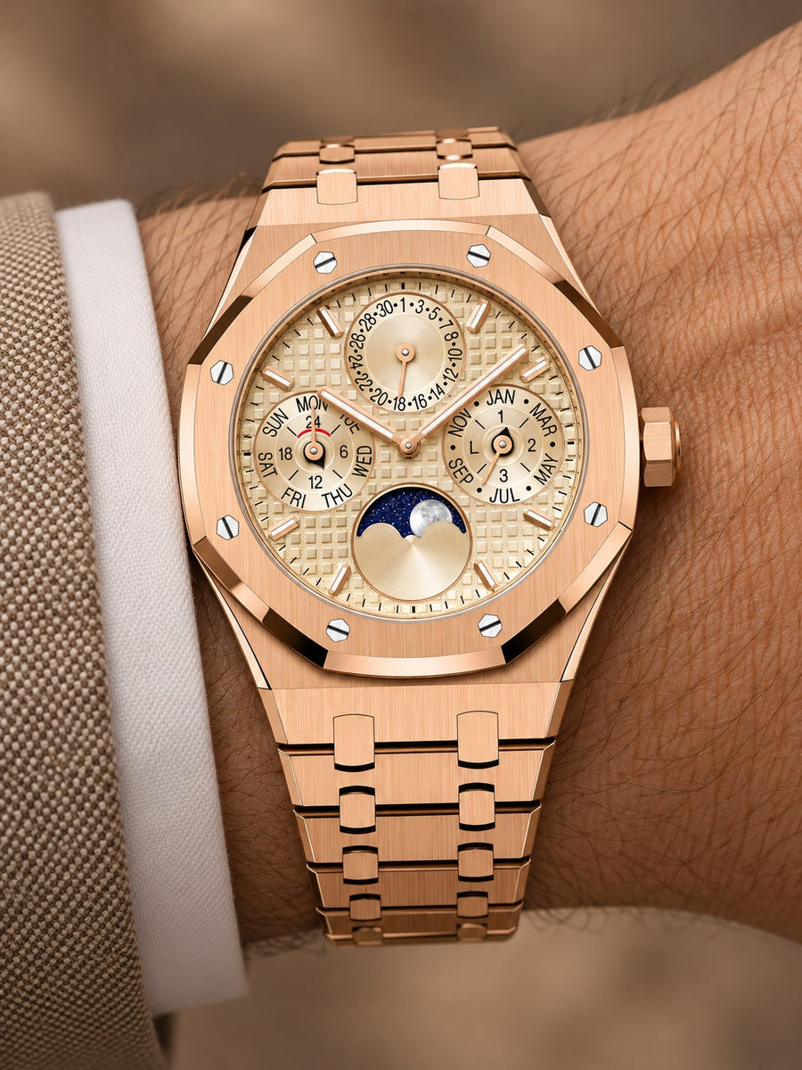 Rose Gold-Tone Champagne Multi-Display Watch – Integrated Bracelet