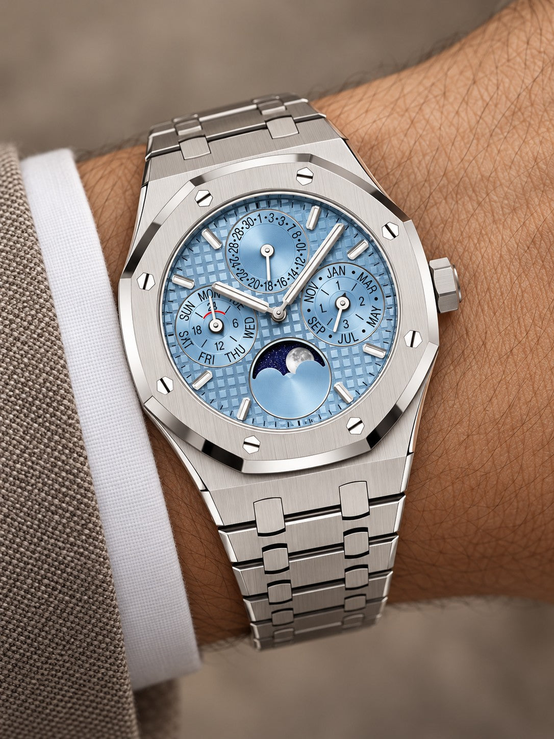 Ice Blue Multi-Display Watch – Silver-Tone Integrated Bracelet
