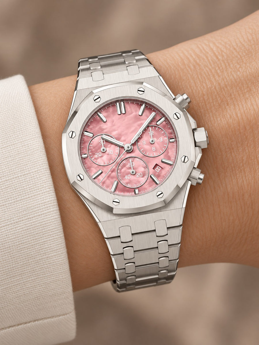 Pink Multi-Display Sport Watch – Silver-Tone Integrated Bracelet
