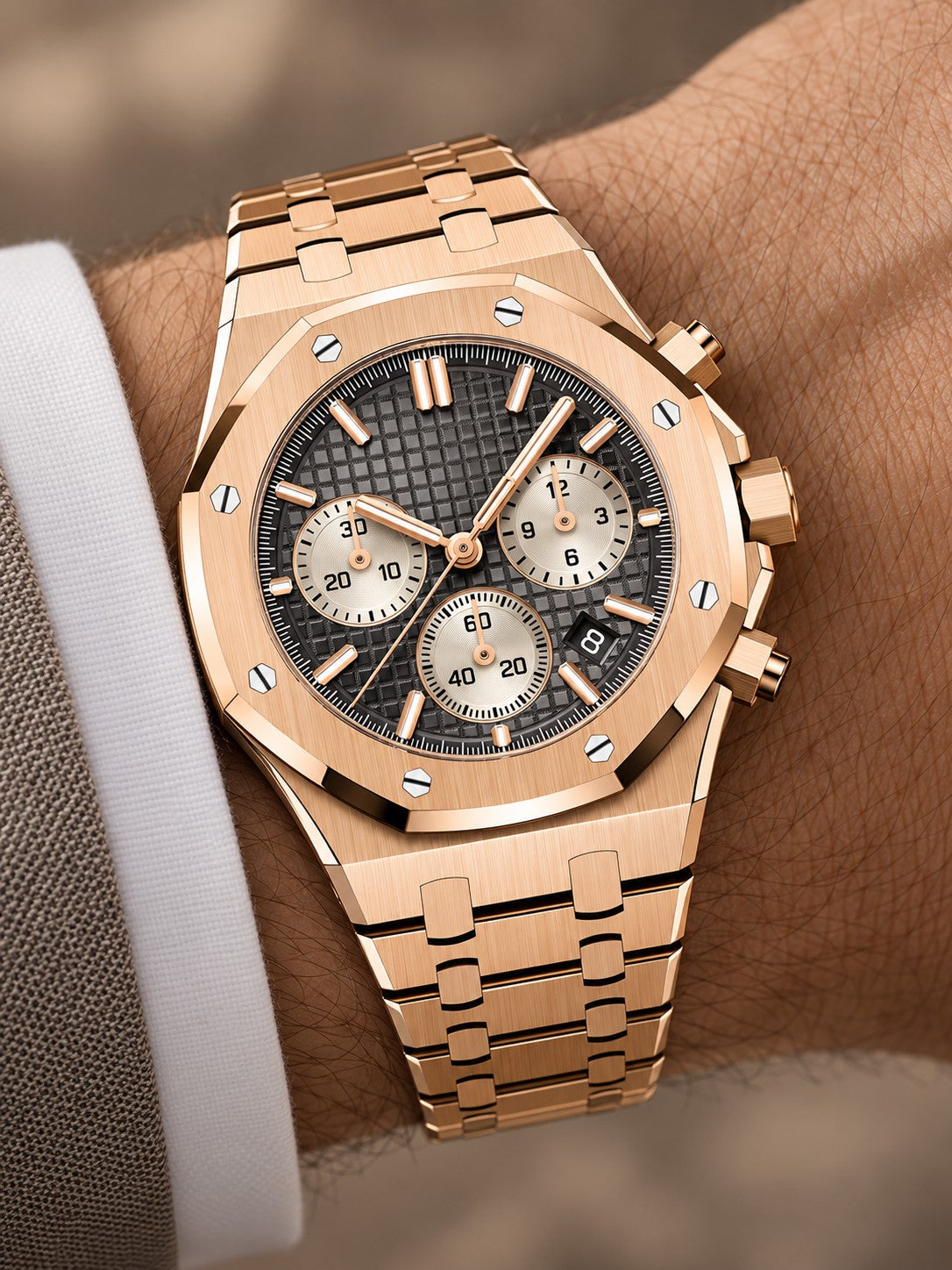Rose Gold-Tone Grey Multi-Display Sport Watch – Integrated Bracelet